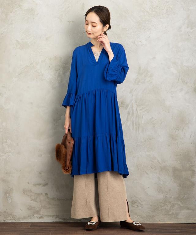 サブ ストリート（sab street）/【大きいサイズ】 9号・15号 Saint Tropez スタンドカラーキーネックギャザーワンピース_4
