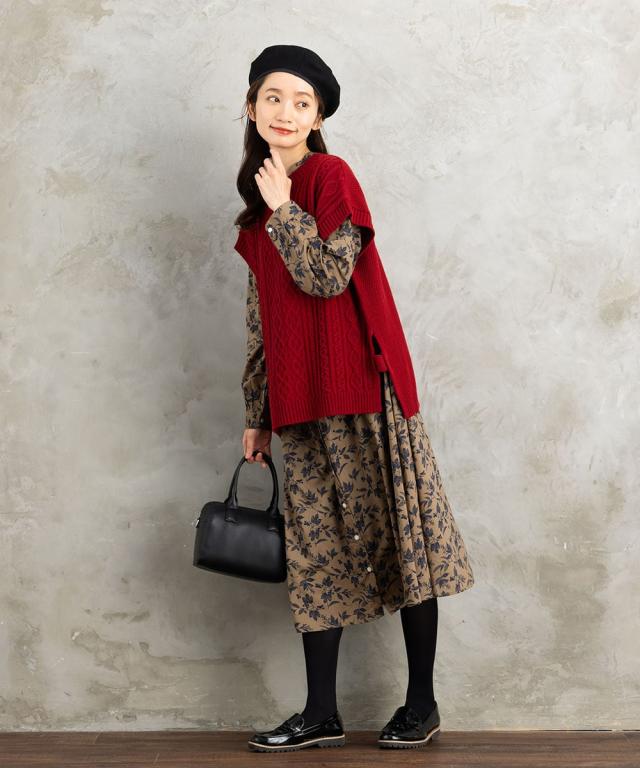 サブストリート（sab street）/ 9号・15号 INDESIGN ケーブルニットベスト×ボタニカルワンピースアンサンブルの通販は