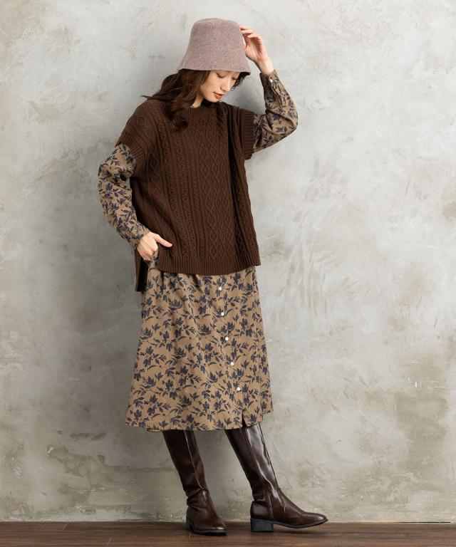 サブストリート（sab street）/ 9号・15号 INDESIGN ケーブルニットベスト×ボタニカルワンピースアンサンブルの通販は