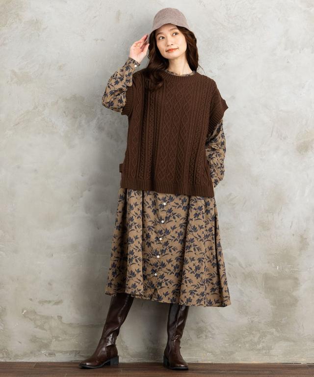サブストリート（sab street）/ 9号・15号 INDESIGN ケーブルニットベスト×ボタニカルワンピースアンサンブルの通販は