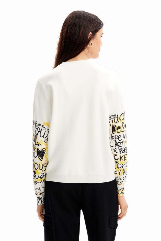DESIGUAL - Desigual(デシグアル) 長袖セーター サイズM レディース美品  - 白×黒 クルーネック/裾ボタン/ペイズリー柄/ラインストーン DESIGUAL - Desigual(デシグアル) 長袖セーター サイズM