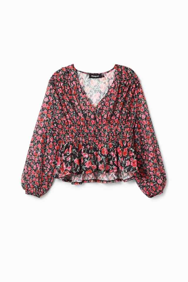 Amazon | [デシグアル] 花柄 スイスドット ブラウス グレー