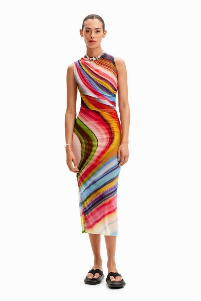 デシグアル（Desigual）/波模様 チュール ミディワンピース