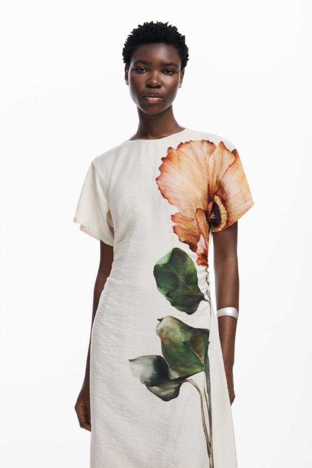 デシグアル Desigual ノースリーブ 膝丈 ミモレ M レッド 赤系 総柄 プルオーバー ストレッチ 中古デシグアル Desigual プリント ワンピース ひざ丈 ノースリーブ