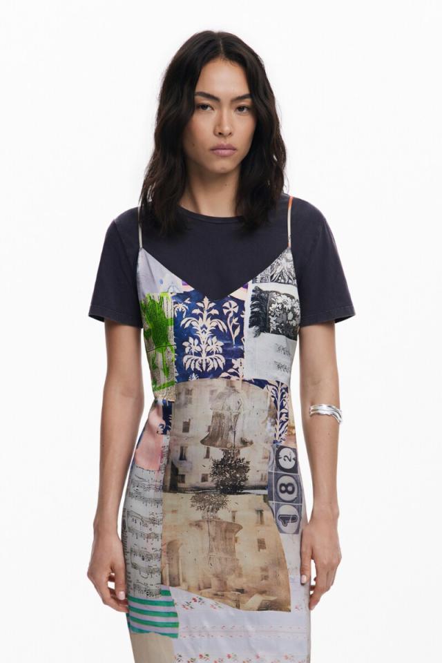 デシグアル（Desigual）/【5サイズ展開/XS/XL】2in1 コラージュ柄スリップドレス Tシャツ付き_1