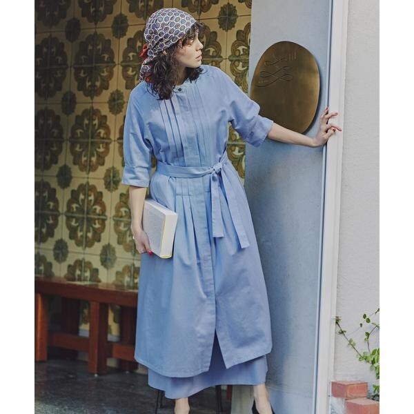 ヒューマンウーマン（human woman）/◆コットンヘンプサテンハーフスリーブバンドカラーワンピース