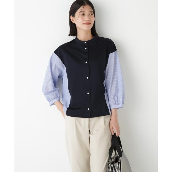 ヒューマンウーマン（human woman）/◆セルロースレーヨンスムースドッキング７分袖ブラウス