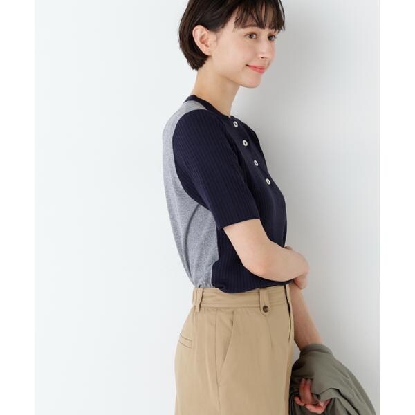 ヒューマンウーマン（human woman）/《洗える》麻混バイカラーヘンリーネックプルオーバー_10