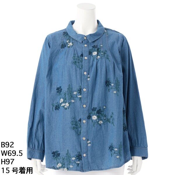 スーパーハッカフィーユ（super hakka feuille）/［15〜19号］ライトオンスデニム フラワーガーデン刺繍シャツブラウスの通販は