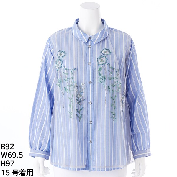 スーパーハッカフィーユ（super hakka feuille）/[15〜19号]ローンストライプ×チュールドローイング刺繍シャツブラウスの通販は 14,850円