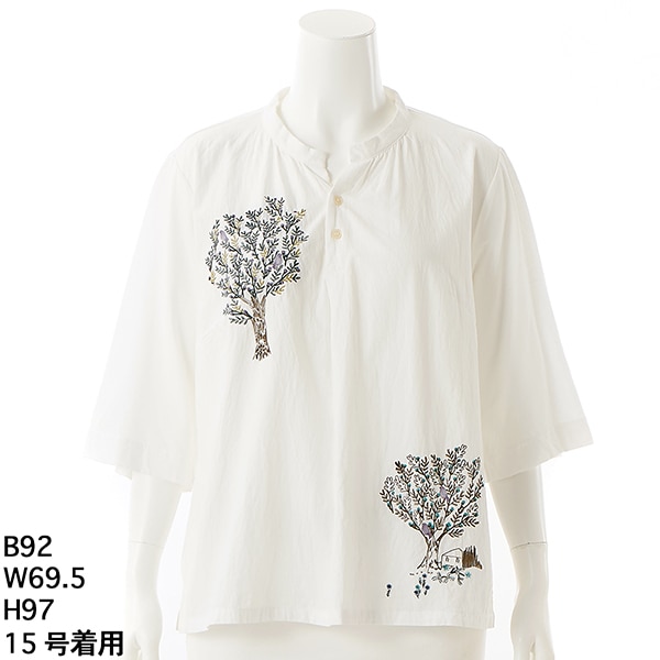 スーパーハッカフィーユ（super hakka feuille）/[15〜19号]コットンローン＋シルケット天竺バードツリー刺繍ブラウス