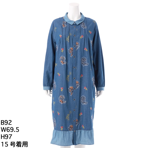 【NEW】スーパーハッカフィーユ（super hakka feuille）/[15〜19号]ライトオンスデニム ローズスケッチ刺繍ワンピース(前開き)