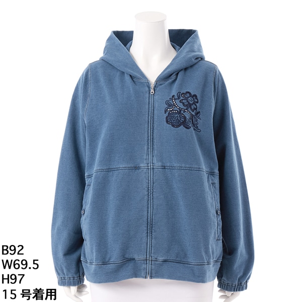 【NEW】スーパーハッカフィーユ（super hakka feuille）/[15〜19号]コットンストレッチインレイデニム フラワーボーラー刺繍フーディ/…