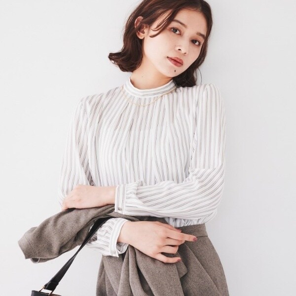 アンタイトル（UNTITLED）/【通勤スーツ入卒セレモニー】ストライプ スタンドカラーブラウス