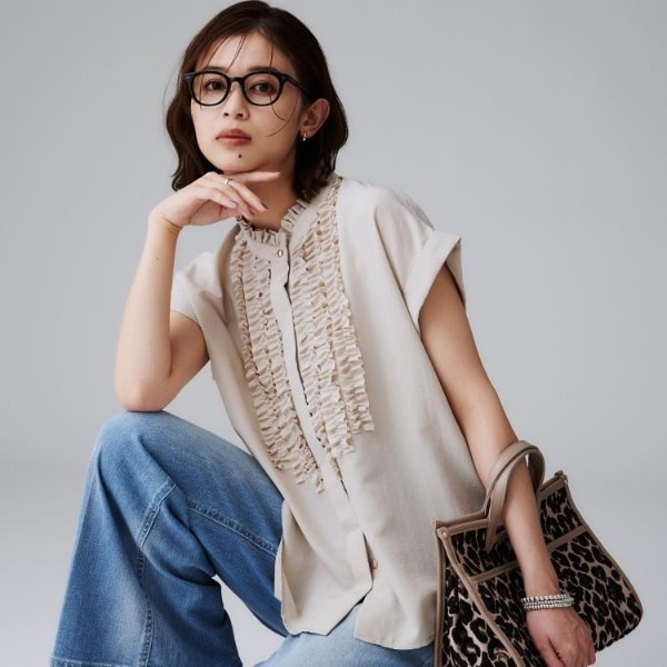 UNTITLEDスタンドネックフリルブラウス【接触冷感/吸水速乾/UVケア】新品 アンタイトル（UNTITLED）/スタンドネックフリルブラウス【接触