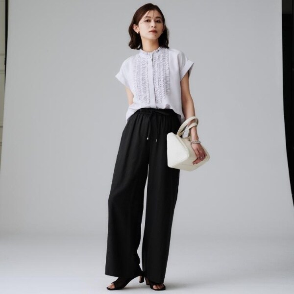 UNTITLEDスタンドネックフリルブラウス【接触冷感/吸水速乾/UVケア】新品 UNTITLED ブラウス シャツ スタンドネックフリルブラウス「接触