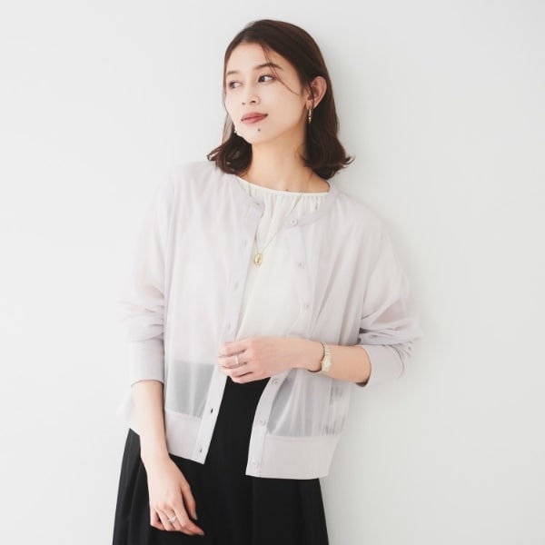 アンタイトル（UNTITLED）/【ストレッチ性短丈】クルーネックシアーカーディガン