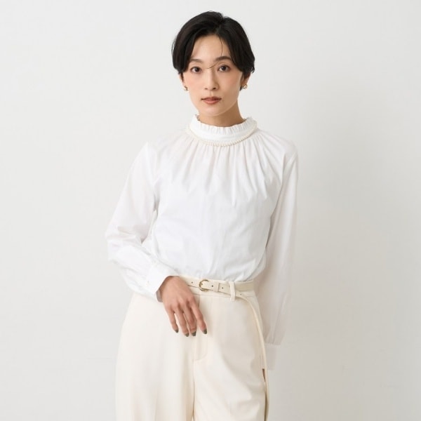 アンタイトル（UNTITLED）/【コットン100洗える】シャーリングフリルネックブラウス_4