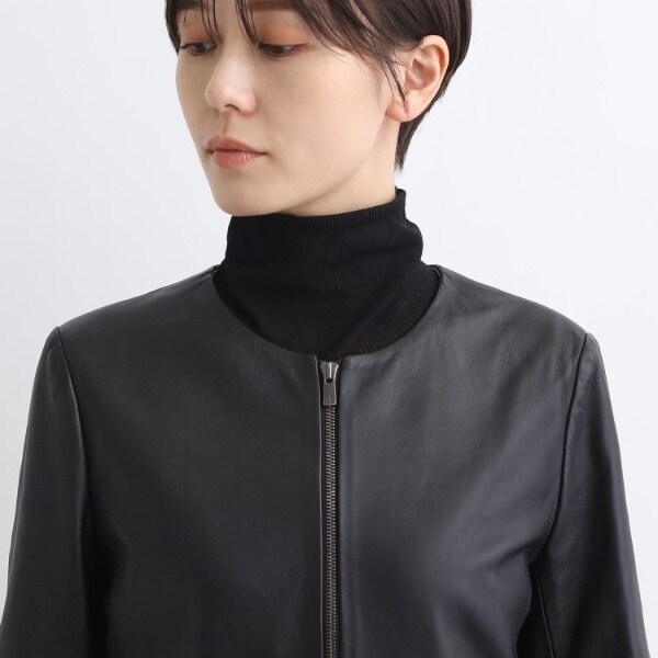 インディヴィ（INDIVI）/【ラムレザー／日本製】ノーカラーブルゾン