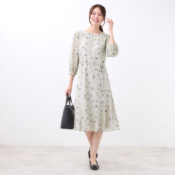 【着映えワンピース／共布リボン付き】ツィード風プリントワンピース 着映えワンピース／共布リボン付き】ツィード風プリント