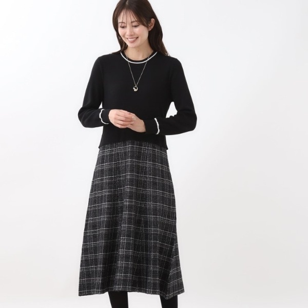 リフレクト（Reflect）/【コートインでもすっきり◎】チェック柄ニットドッキングワンピース