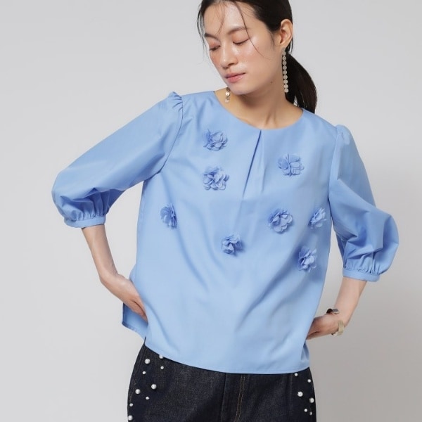 スーナウーナ（SunaUna）/【接触冷感／フラワーモチーフ】パフスリーブブラウス