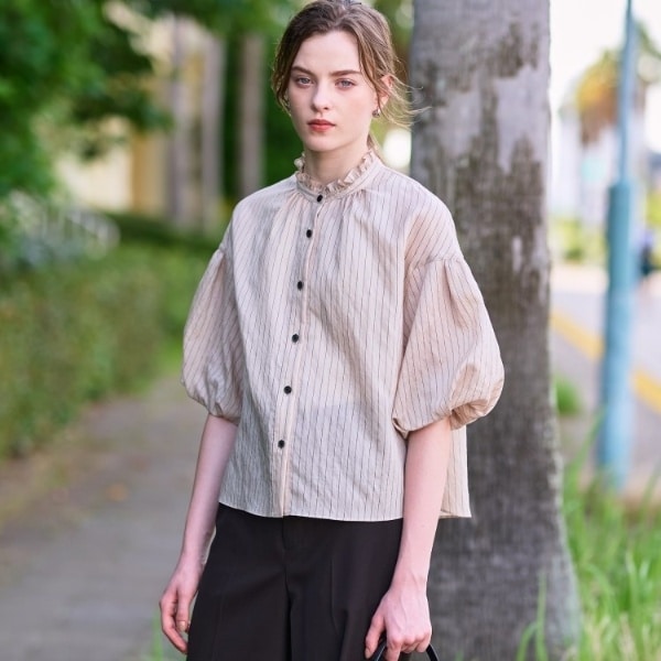 ドレステリア（DRESSTERIOR）/【洗える前開き】ボリュームスリーブストライプブラウス