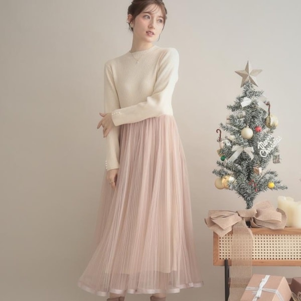 クチュールブローチ（Couture Brooch）/【S−LLキラキラリブニット】チュールドッキング ワンピース