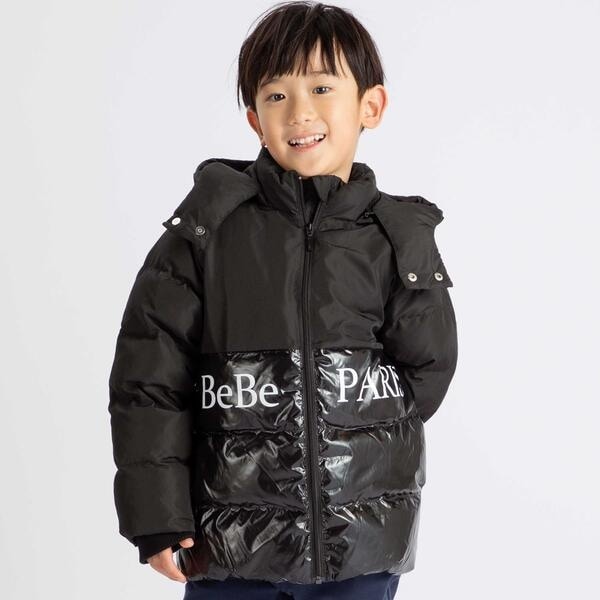 ベベ（BeBe）/【撥水加工】タフタ切り替えロゴプリントフード中綿コート(100~160cm)