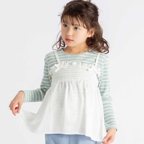 ベベ（BeBe）/ラメジョーゼットシャーリングキャミ+リブボーダー長袖Tシャツセット(90~160cm)