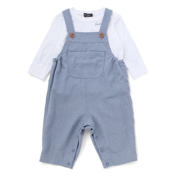 ベベ（BeBe）/スラブ天竺肘パッチ長袖Tシャツ+オーバーオールセット(80~90cm)