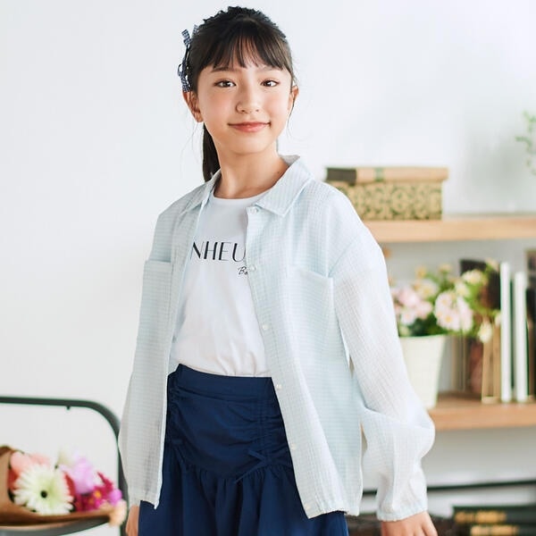 ベベ（BeBe）/シアーチェックオーバーシャツ+ロゴ半袖Tシャツセット(100~160cm)