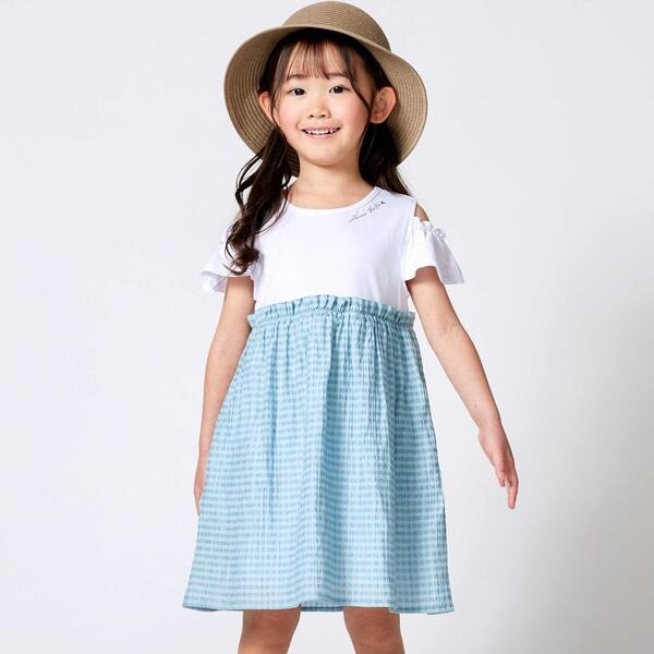 ベベ（BeBe）/シアーチェックドッキング肩開きワンピース(90~150cm)