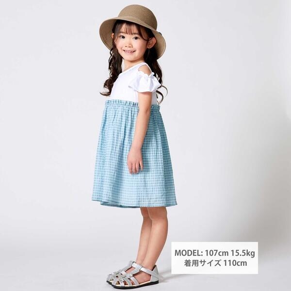 ベベ（BeBe）/シアーチェックドッキング肩開きワンピース(90~150cm)_2