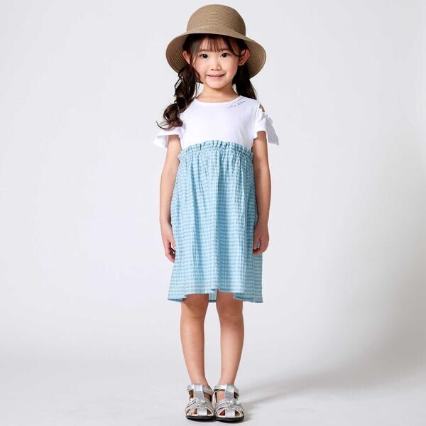 ベベ（BeBe）/シアーチェックドッキング肩開きワンピース(90~150cm)_3