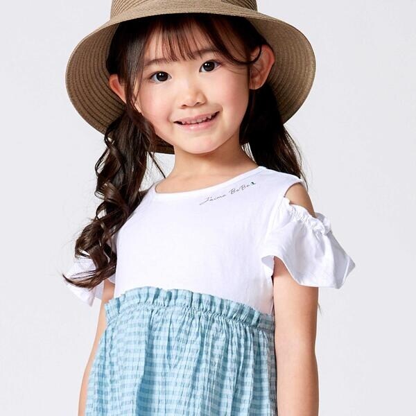 ベベ（BeBe）/シアーチェックドッキング肩開きワンピース(90~150cm)_4
