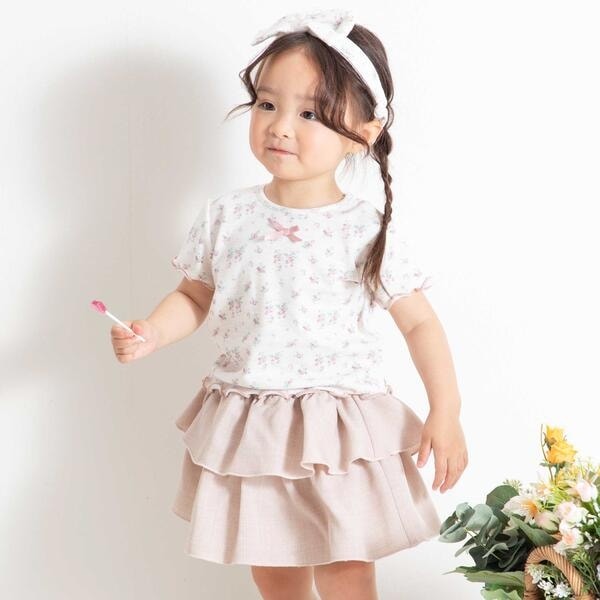 【NEW】ベベ（BeBe）/花柄ワッフル半袖Tシャツ+ヒラミニスカパン+ヘアバンドセット(80~90cm)