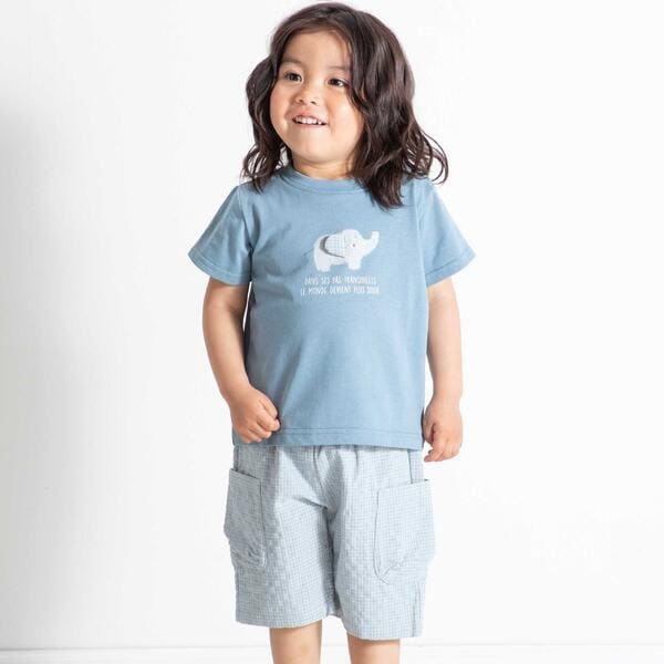 【NEW】ベベ（BeBe）/ゾウプリント天竺半袖Tシャツ+サイドポケットハーフパンツセット(80~90cm)