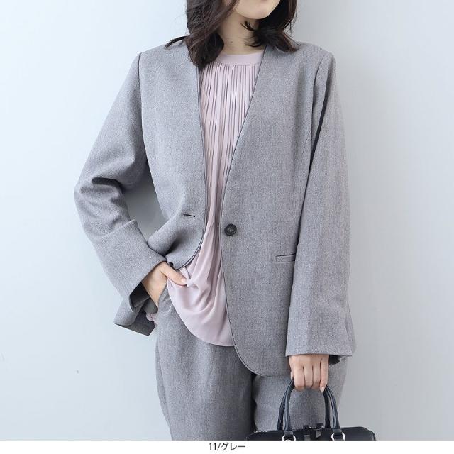 フルールbyミントブリーズ（fleur by mint breeze）/【大きいサイズ】【セットアップ・多機能】ウール調シャークパイピングノーカラー…_1