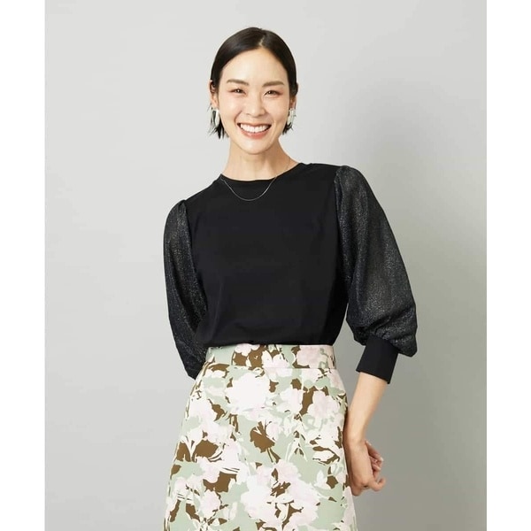 ミッシェルクラン（MICHEL ）/ラメチュールスリーブ異素材カットソー