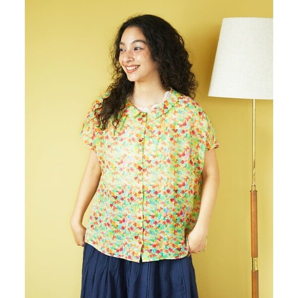 ホコモモラ（JOCOMOMOLA）/Verde esmeralda リネンプリントブラウス