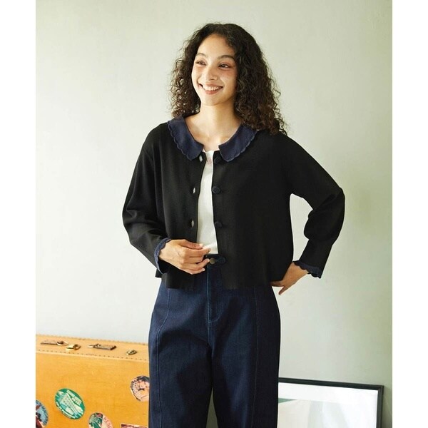 ホコモモラ（JOCOMOMOLA）/Encaje 配色レース襟ニットカーディガン