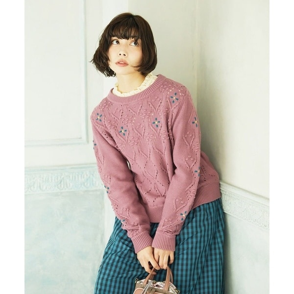 ホコモモラ（JOCOMOMOLA）/フラワー刺繍ケーブルニットプルオーバー