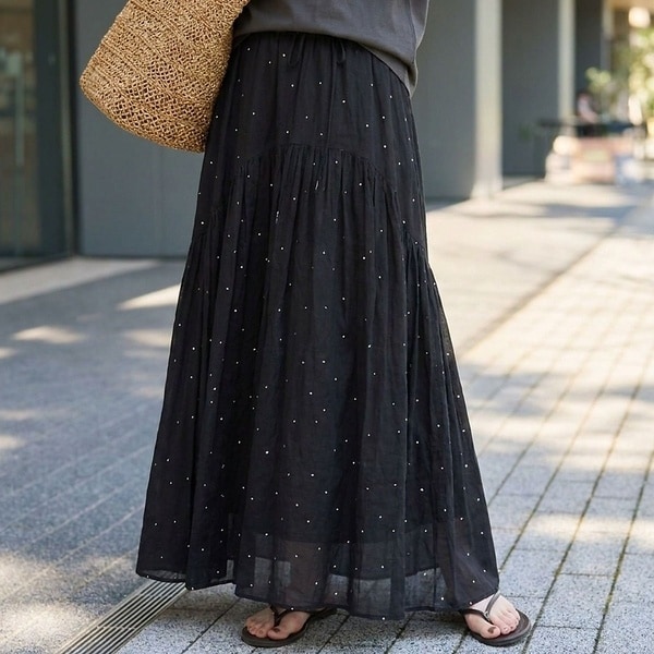 ルージュ・ヴィフ ラクレ（Rouge vif la cle）/インドドット刺繍ギャザーフレア切り替えスカート/ウエストゴム【予約】
