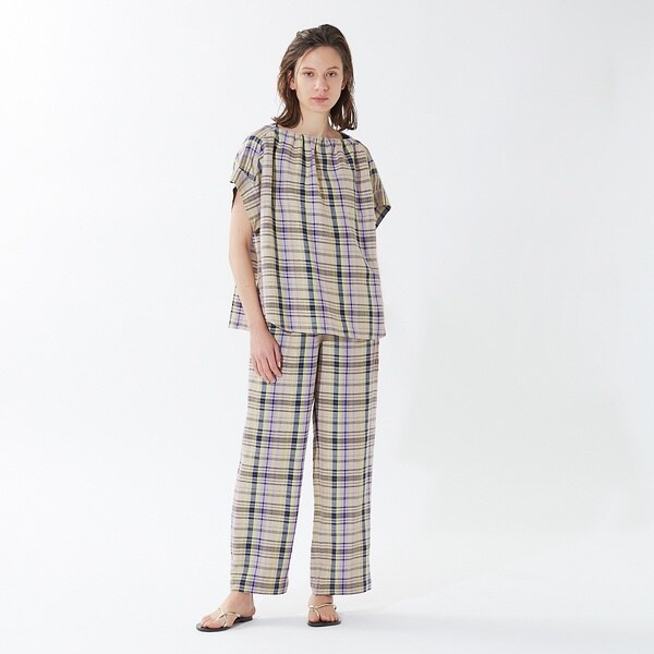 カリテ（qualite）/《セットアップ対応》レーヨンリネンチェックパンツ