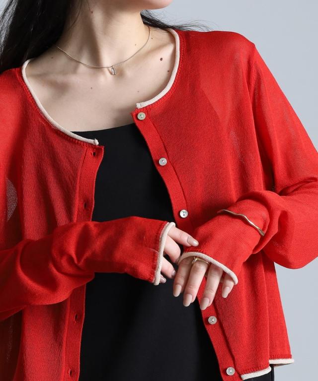 ラナン/シアー素材短丈配色ニットカーディガン  の通販は