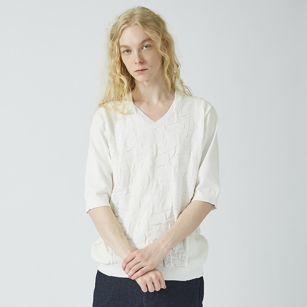 5351プール・オム（5351POUR LES HOMMES）/フラワージャガード ７分袖 Vネック ニットTシャツ 5351プール・オム（5351POUR LES HOMMES）/フラワージャガード 7分袖