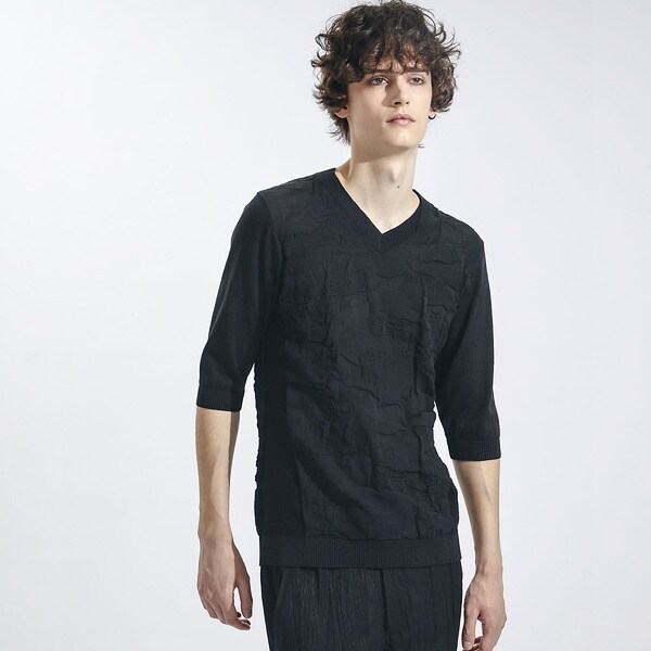 5351プール・オム（5351POUR LES HOMMES）/フラワージャガード ７分袖 Vネック ニットTシャツ