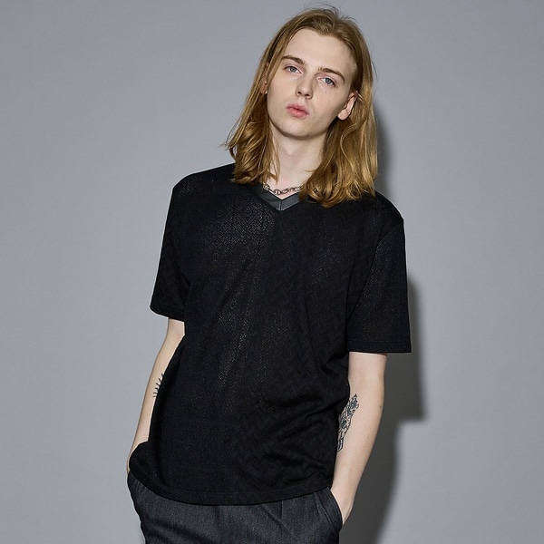 5351プール・オム（5351POUR LES HOMMES）/パッチワーク  PUレザー Vネック 半袖 Tシャツ