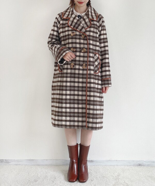 フィント/合皮パイピングダブル釦コートの通販は